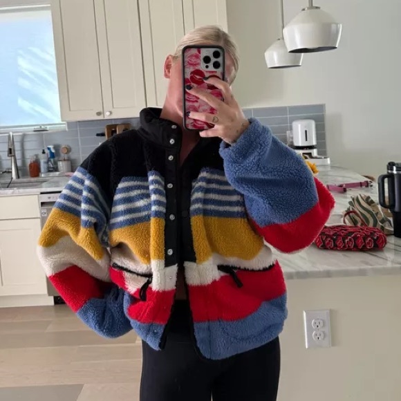 New Free People Hit The Slopes Fleece Jacket Run Stripe Papaya Combo - Picture 2 of 9